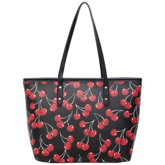 Generic Cherry Tote Bag with Fruit Print Stylish Synthetic Leather Handbag for Commuting and Shopping (Black,15.35&times;4.33&times;10.63in)