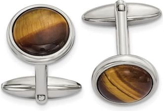 Diamond2Deal Stainless Steel Polished Tigers Eye Circle Cufflinks