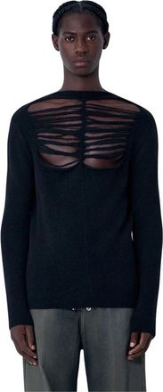 Rick Owens Verontruste Wolmix Gebreide Crewneck Top - Heren - Ronde hals truien - Zwart - L - Wol - Truien & Vesten