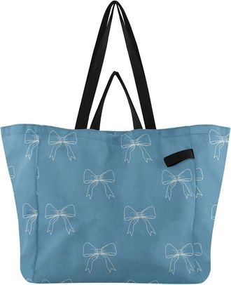 Generic Bow Blue print Reusable Canvas Tote Bag, Heavy Duty Grocery Shopping Bag with Double Handles Large Capacity Hard Bottom Work Groceries Travel