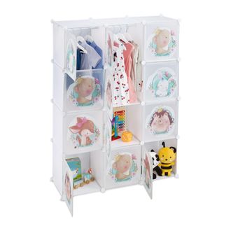 Relaxdays Relaxdays - Armario Modular Infantil, 2 Rieles Ropa, Puertas Con Animales, 145x110x37 Cm, Diy, Estanter&iacute;a Cubos, Blanco