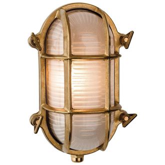Netlighting Nautic 1 Light Outdoor Bulkhead Wall Flush Light Brass Frosted Glass IP64 E27 in Gold