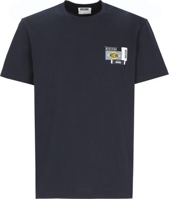 Moschino Blue Embroidered Logo Patch Cotton T-Shirt