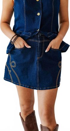 She + Sky Western Stitch Denim Skirt In Blue