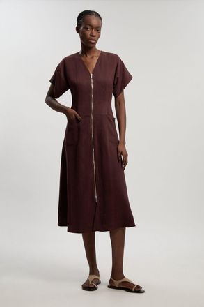 Karen Millen Womens Tencel Blend Tailored V Neck Zip Detail Maxi Dress - Chocolate Lyocell - Size 12 UK