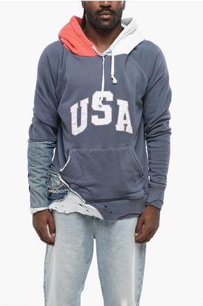 Greg Lauren Felpa Hoodie Effetto Vintage con Dettagli in Denim taglia S