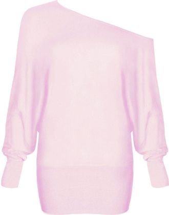 ZEE FASHION Ladies Womens Long Sleeve One Off-Shoulder Plain Baggy Batwing Top UK 8-24 Baby Pink