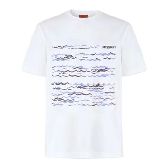 Missoni T-Shirts, male, White, Size: XL Crew-neck cotton T-shirt with wave print and logo
