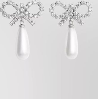Self Portrait crystal-embellished bow pearl drop earrings