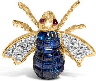 House of Brilliance 18K Yellow Gold 3/8 Cttw Diamond and 5 4/5 Cttw Blue Sapphire Bumblebee Brooch Pin