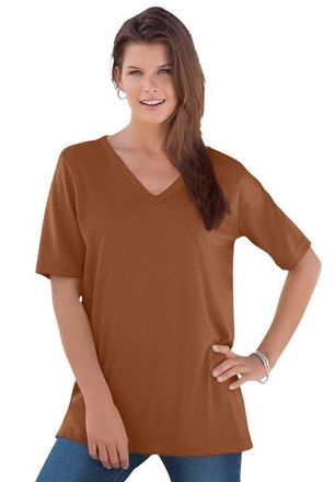 Roaman's Plus Size Cotton Ultimate V-Neck Tee in Cognac at Nordstrom, Size Medium