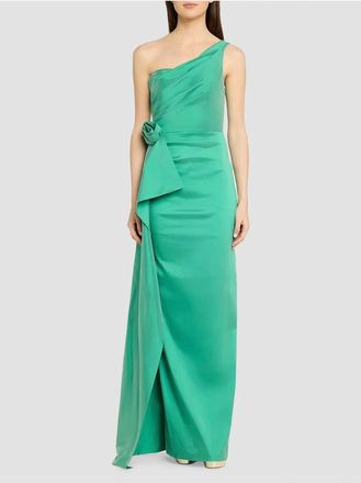 Teri Jon Flower-Corsage One-Shoulder Taffeta Gown In Green