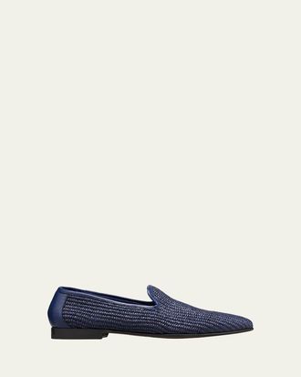 Manolo Blahnik Mens Mario Raffia Slippers, Navy