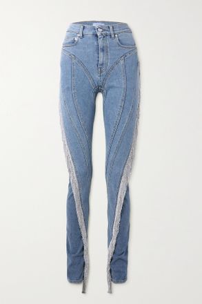 MUGLER Jeans Skinny A Vita Alta A Pannelli Con Cristalli - Blu