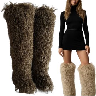 Generic Fluffy Thigh High Boots, 28in Over The Knee Fluffy Boots For Women, Black Thigh High Fur Shoes, Tall Furry Shoes (11.5,Coffee)