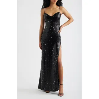 Emerald Sundae Sequin Faux Pearl Lace Up Gown in Black /Ivory at Nordstrom, Size Small