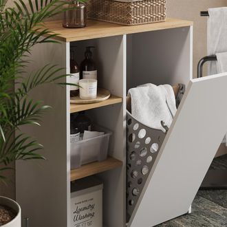 Vicco Armadietto Da Bagno Con Portabiancheria Viktor, Bianco/artisan, 68 X 88.2 Cm Con Ripiani Aperti E Cesto Portabiancheria, Vicco