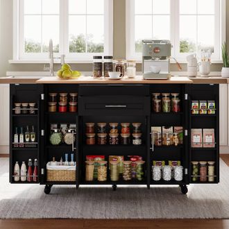Merax Rolling Kitchen Island Trolley with Foldable Worktop, Kitchen Cart in Black