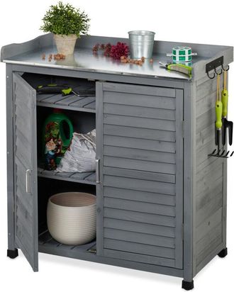 Relaxdays Relaxdays Mesa De Cultivo, Con Almacenamiento Inferior, 3 Ganchos, Madera, Superficie De Peltre, 92 X 90 X 45 Cm, Gris