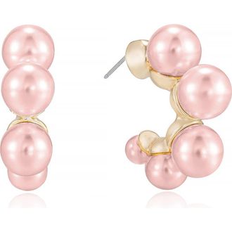Ettika Five-Point Imitation Pearl Huggie Hoop Earrings in Pink at Nordstrom