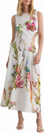 Reiss Bianca Floral Side Cutout Drop Waist Midi Dress in Ivory at Nordstrom, Size 14