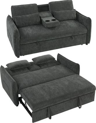 HOMCOM Homcom Sof&aacute; Cama 2 Plazas 3 En 1, Sof&aacute; Cama De Chenilla Con Mesa, Portavasos, Respaldo Ajustable, Bolsillos Laterales, 2 Almohadas, Gris Oscuro