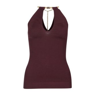 Elisabetta Franchi Sleeveless Tops, female, Brown, Size: M Chain-detail Halterneck Top