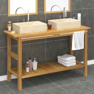 vidaXL Tocador De Ba&ntilde;o Madera Maciza De Teca Con Lavabos M&aacute;rmol Crema Vidaxl