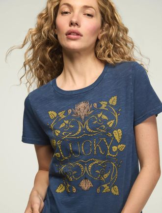 Lucky Brand Womens Lucky Embellished Frame Classic Crew