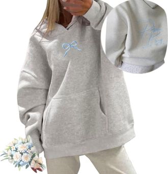 Generic Embroidered Bow Hoodie For Women, Y2k Bow Graphic Trendy Preppy Sweatshirts, Oversized Long Sleeve Hooded Sweatshirts (Blue,XS)