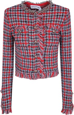 Self Portrait Jacket Frayed Knit Red Check