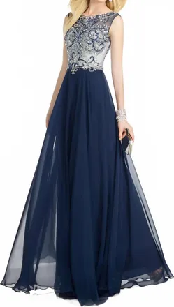 Alyce Paris Long Chiffon Beaded Dress In Ocean