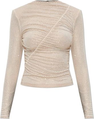 Self Portrait Top met glinsterende kristallen - Dames - Longsleeves - Beige - XS - Leer - Tops