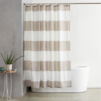 OEM Cortina De Ducha De Tela Estampada Hidr&oacute;fuga Con Ojales Met&aacute;licos Y Ganchos De Pl&aacute;stico Blanco, 183 X 183 Cm, Rayas Grises - Crezuo