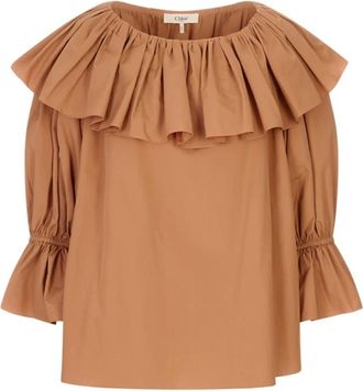 Chlo&eacute; Katoenen Blouse met Ruches - Dames - Blouses - Bruin - 2XS - Katoen - Overhemden