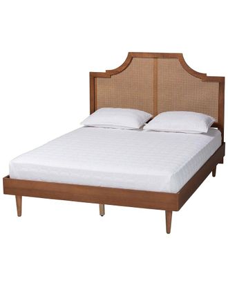 Baxton Studio Macaria Mid-Century Modern Ash Walnut Woven Rattan Queen Size Bed