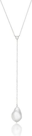 Lily & Roo Silver Single Diamond Style Baroque Pearl Lariat Necklace