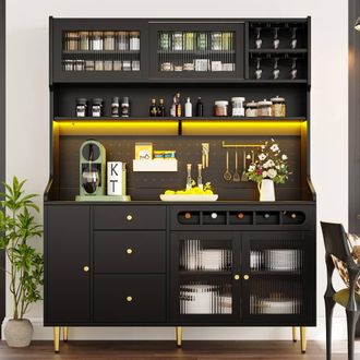 Merax Kitchen Dresser with LED Lighting & Wine Rack in Black