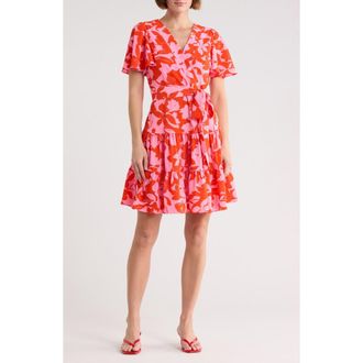 Eliza J Floral Short Sleeve Fit & Flare Dress in Pink at Nordstrom Rack, Size 14