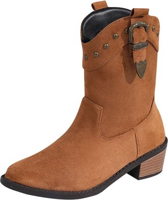 Generic Brown Thick-Soled Round Toe Ankle Boots with Short Barrel and Mid-Heel for Women Casual Winter Fashion Flock Material Comfortable and Lightweight