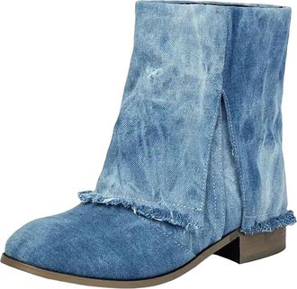 Generic Womens Leisure Mid Calf Boots Round Toe High Block Heel Slip On With Platform And Sewing Detail Cowgirl Style Booties