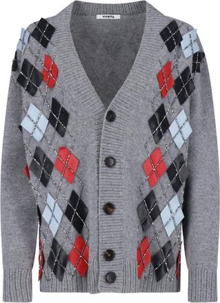 Vivetta Grey Wool V-Neck Rhinestone Cardigan