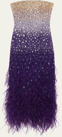 Pamella Roland Signature Sequined Ombr&eacute; Feather-Trim Gown