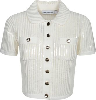 Self Portrait Truien & Vesten, Dames, Wit, M, Katoen, Witte Paillet Gehaakte Topwear