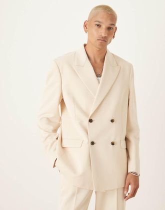 Asos relaxed square shoulder double breasted suit jacket with cotton in ecru-White