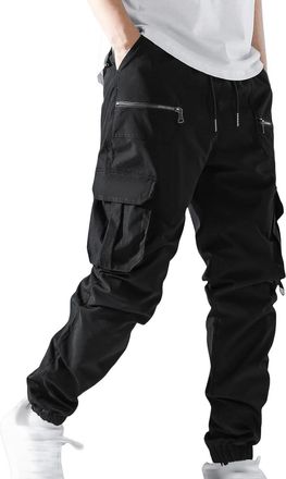 Generic Mens Tapered Cargo Trousers with Zipper Pockets Elasticated Waist Adjustable Cuffs Casual Streetwear Pants Daily Wear Outdoor Trousers Bottoms Black