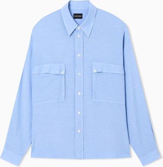 Emporio Armani Viscose en linnen shirt met zakken - Heren - Casual Overhemden - Blauw - XL - Linnen - Overhemden