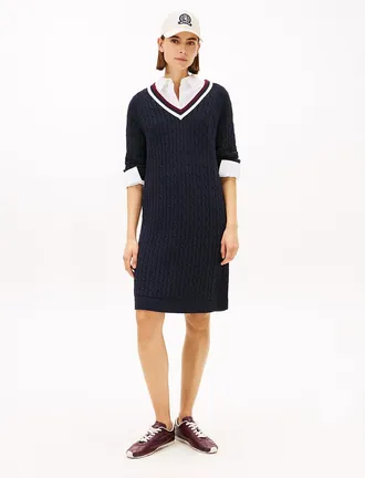 Tommy Hilfiger Womens Varsity Stripe Cable Knit Sweater Dress - Navy - XXL