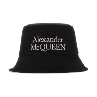 Alexander McQueen Accessoires, Heren, Zwart, ONE Size, Nylon, Logo Geborduurde Omkeerbare Bucket Hat
