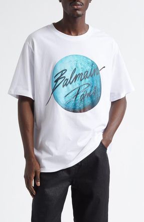 Balmain Planet Logo Graphic T-Shirt in White at Nordstrom, Size Xxx-Large
